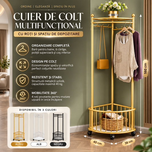 Cuier de Colț Multifuncțional cu Roți, Spațiu de Depozitare, Poliță Superioară, 6 Cârlige și Bară pentru Haine, 40 × 38 × 160 cm