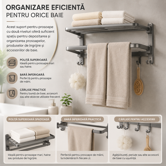 Suport Prosoape Baie Pliabil, cu Poliță și Cârlige, Aluminiu Spațial, 60 cm