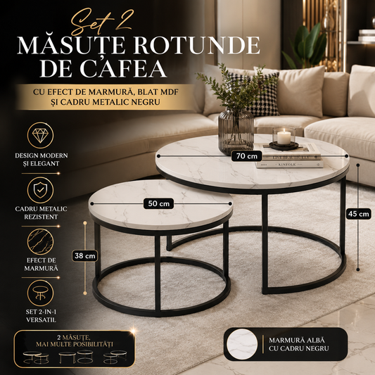 Set 2 Măsuțe Rotunde de Cafea cu Efect de Marmură și Cadru Metalic Negru | 2 Culori