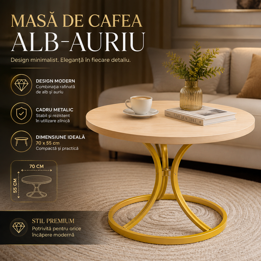 Masă de Cafea Alb-Auriu 70 × 55 cm cu Design Minimalist și Cadru Metalic Elegant