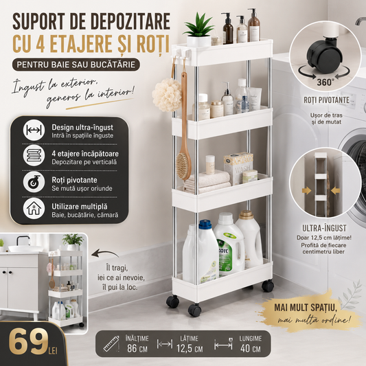 Suport de Depozitare Îngust cu 4 Etajere și Roți pentru Baie sau Bucătărie – Alb
