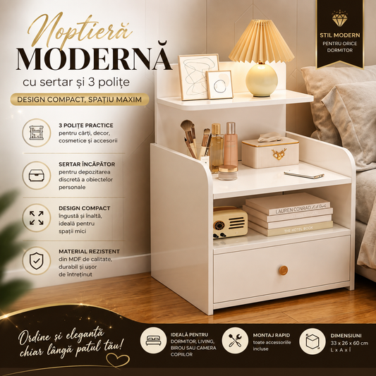 Noptieră Modernă cu Sertar și 3 Polițe, 33 × 26 × 60 cm – Design Compact și Depozitare Inteligentă