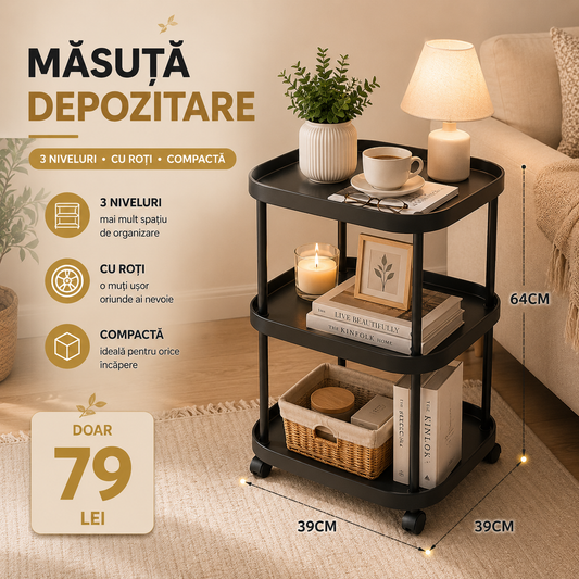 Măsuță Multifuncțională cu 3 Niveluri pe Roți, 62 × 39 × 39 cm