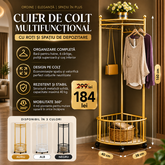 Cuier de Colț Multifuncțional cu Roți, Spațiu de Depozitare, Poliță Superioară, 6 Cârlige și Bară pentru Haine, 40 × 38 × 160 cm