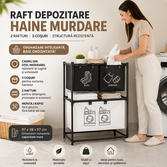 Raft Depozitare Haine cu 3 Coșuri și 2 Rafturi, Cadru din Oțel Inoxidabil, 97 × 28 × 57 cm
