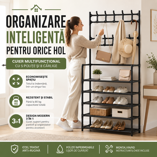 Cuier Multifuncțional Metalic cu Suport Pantofi și 8 Cârlige, Metalic, 5 Polițe, 170x80x26 cm