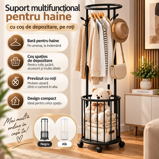Cuier multifuncțional pentru haine cu coș de depozitare, stativ vertical pe roți, 161 cm