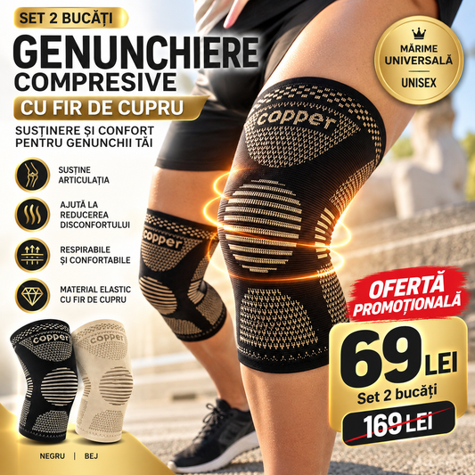 Set 2 Genunchiere compresive cu fir de cupru, 2 mărimi universale, unisex