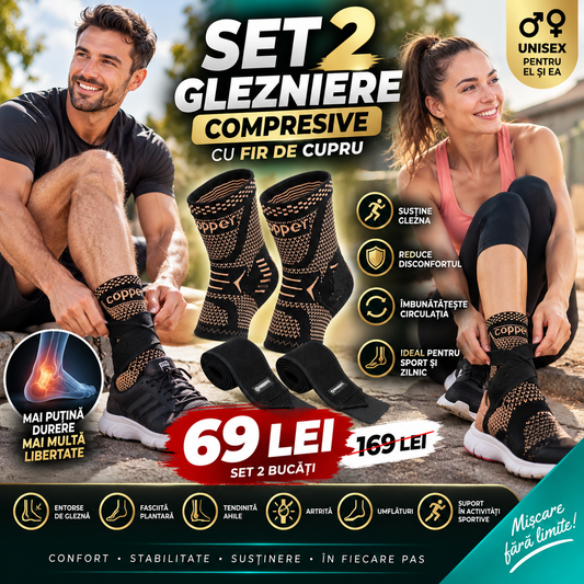 Set 2 Glezniere Compresive cu Fir de Cupru, cu Benzi Reglabile – Susținere și Confort pentru Gleznă, Unisex