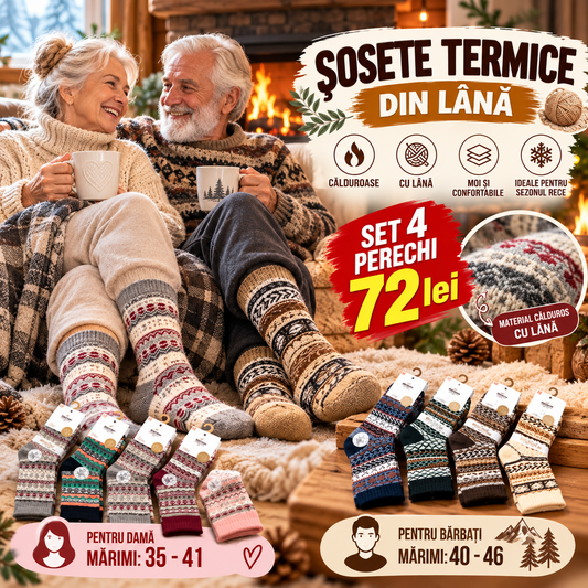Set 4 Perechi Șosete Termice din Lână – Călduroase și Confortabile, Damă/Bărbați, Modele Asortate