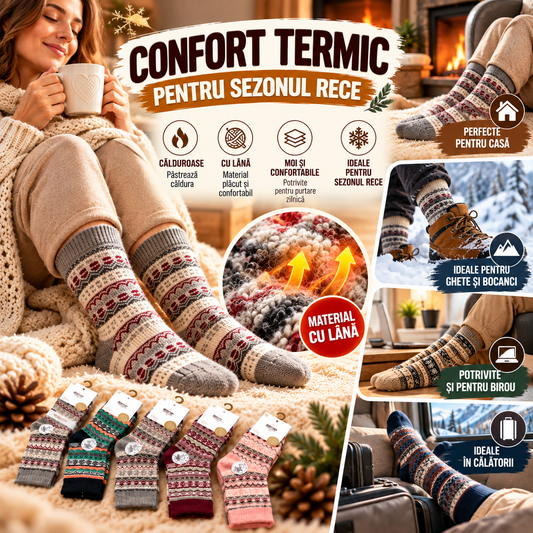 Set 4 Perechi Șosete Termice din Lână – Călduroase și Confortabile, Damă/Bărbați, Modele Asortate