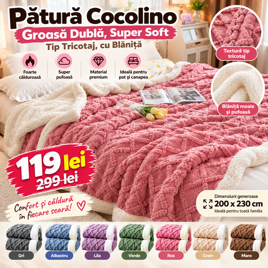 Pătură Cocolino Groasă Dublă 200 × 230 cm – Super Soft, Tip Tricotaj cu Blăniță