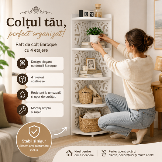 Raft de Colț cu 4 Etajere Baroque – Bibliotecă și Organizator Multifuncțional Alb