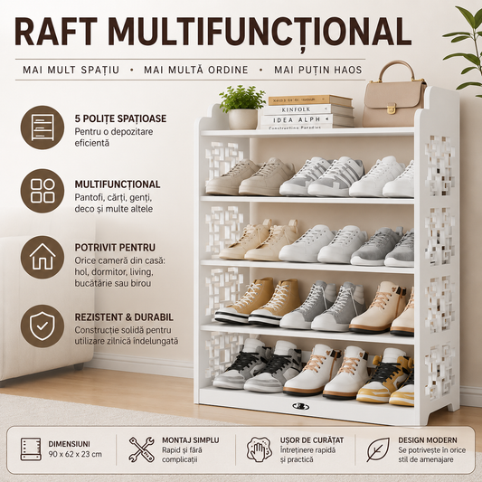 Raft Multifuncțional din Lemn cu 5 Polițe 90x62x23 cm – Suport pentru Pantofi, Bibliotecă și Organizator