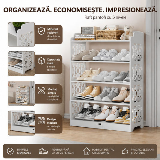 Raft Multifuncțional din Lemn cu 5 Polițe 90x62x23 cm – Suport pentru Pantofi, Bibliotecă și Organizator