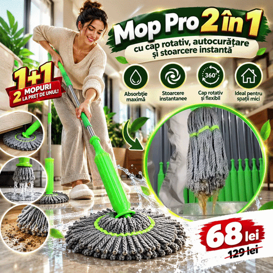 OFERTA 1+1 Mop Pro 2 in 1 cu cap rotativ, auto curatare si stoarcere instanta